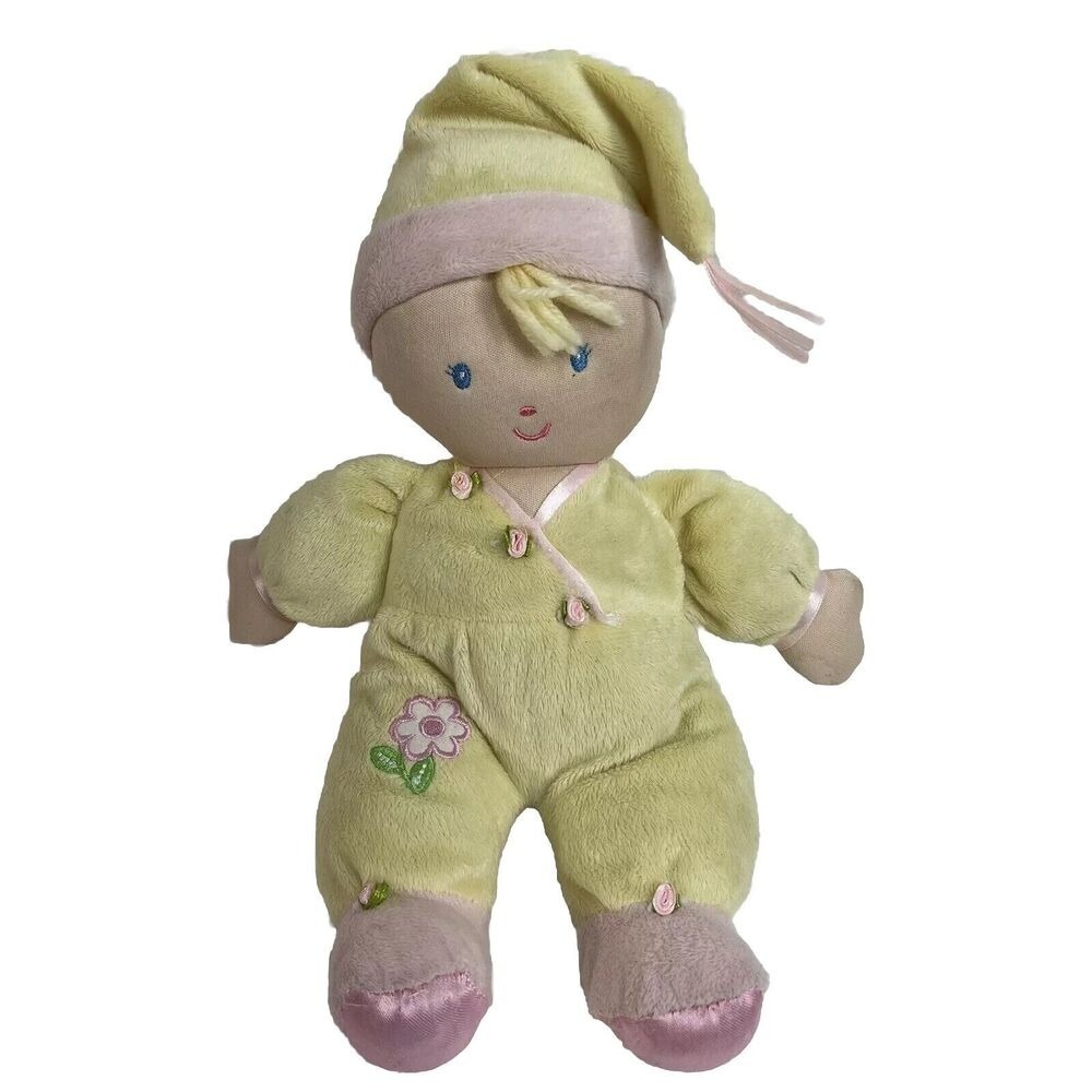 Kids Preferred Baby Doll Plush Yellow Pink Hat Flowers Lovey Toy Satin Trim 12"